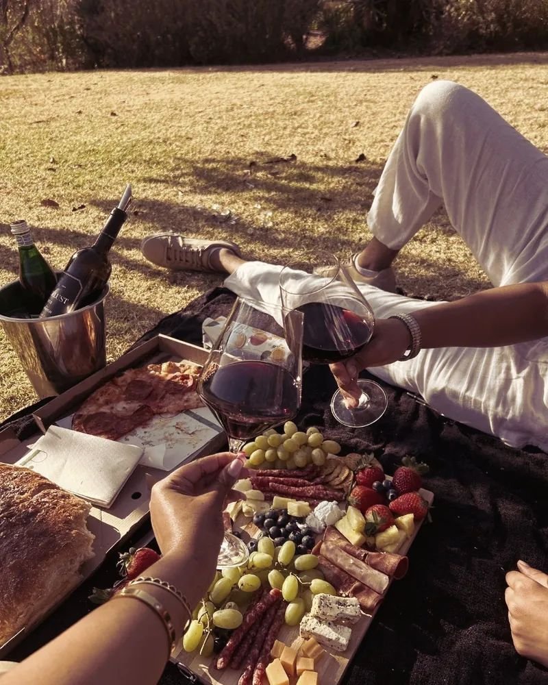 Picnic con tabla de quesos y frutas, pizza y dos copas de vino tinto